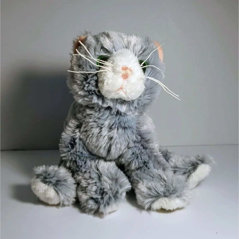 Webkinz Silversoft Cat Plush HM222 NO Code Gray White Green Eyes 8”